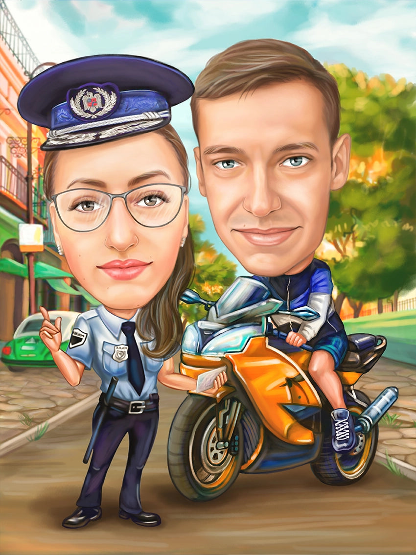 Caricatura Politista si motociclist