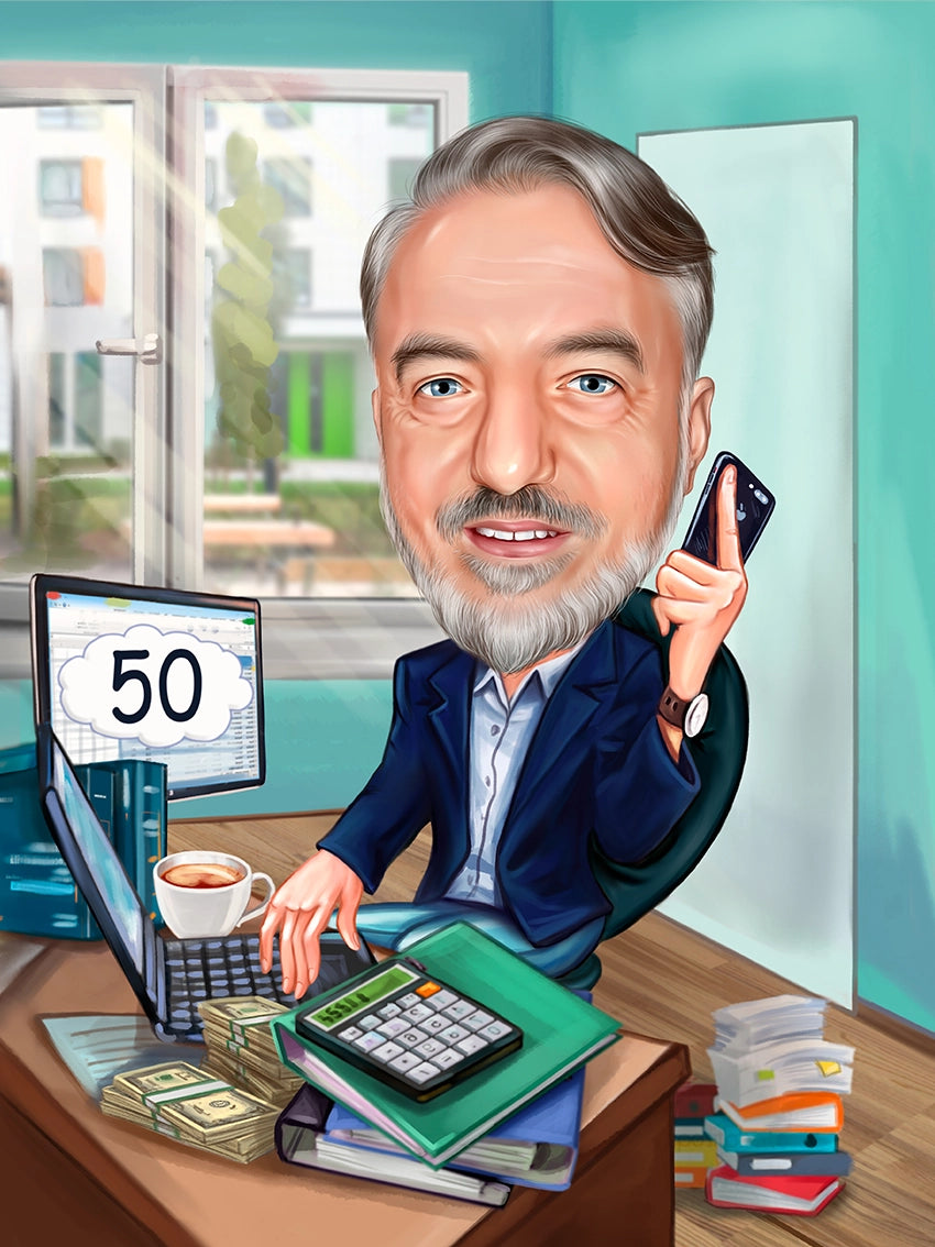 Caricatura Aniversare 50 ani la oficiu