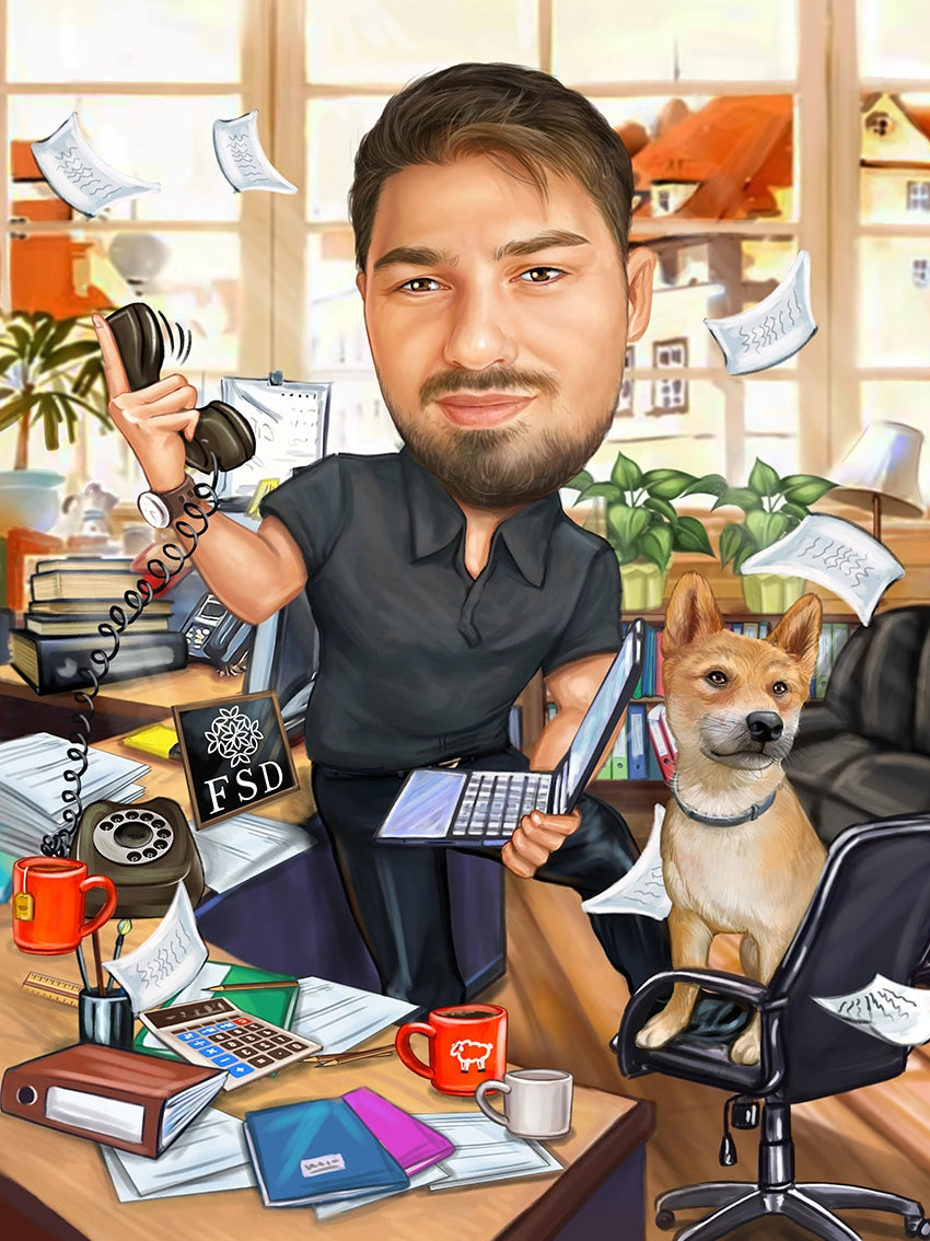 Caricatura Cu ciinele la birou