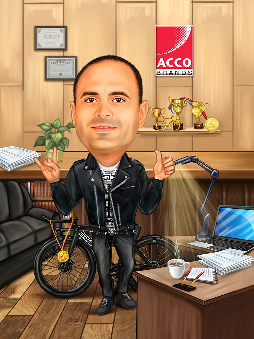 Caricatura Cu bicicleta la birou