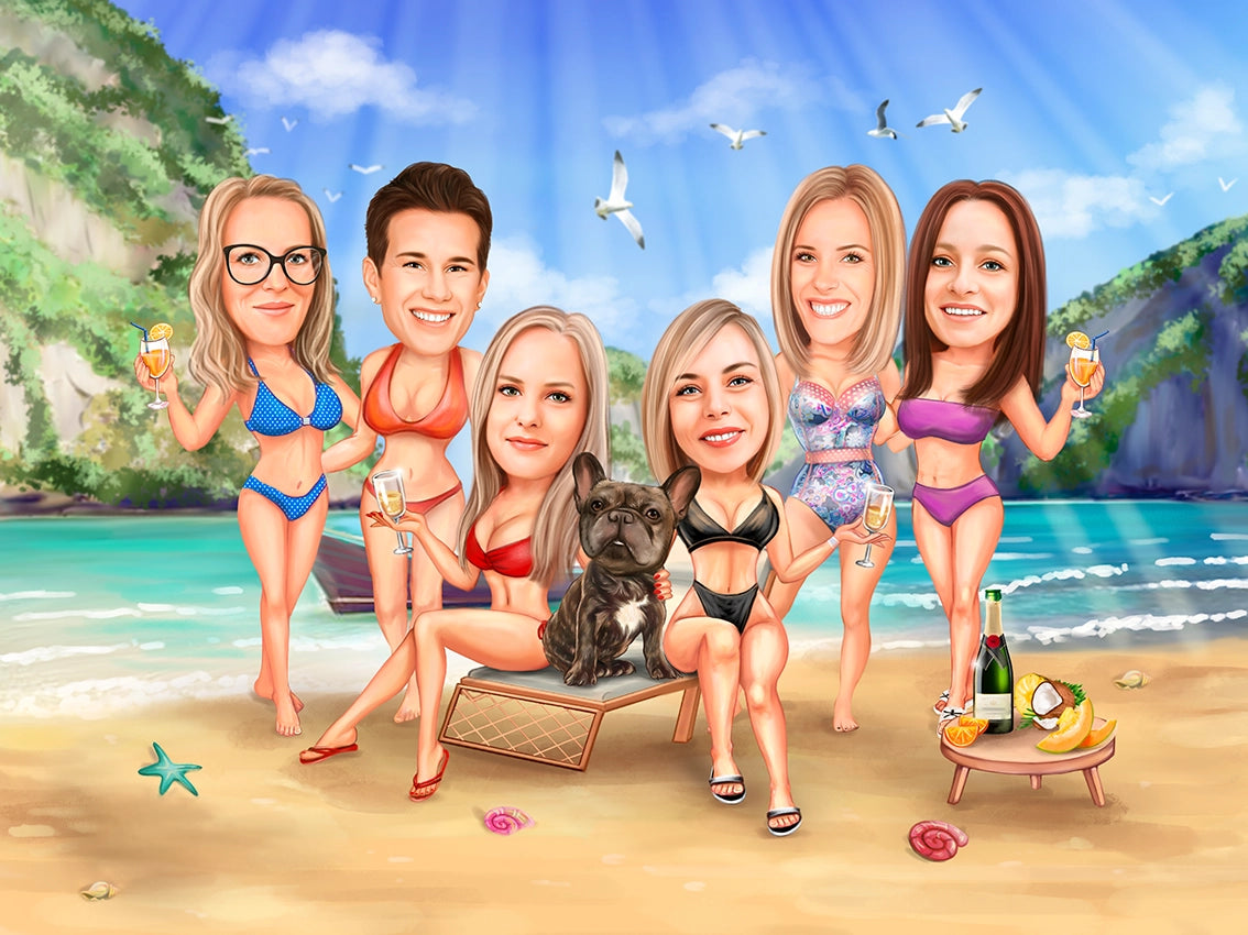 Caricatura cu prietenii la mare