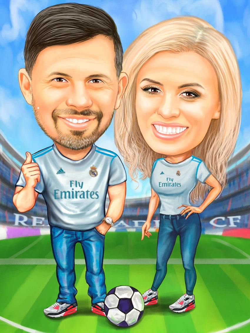 Caricatura cuplu fani fotbal