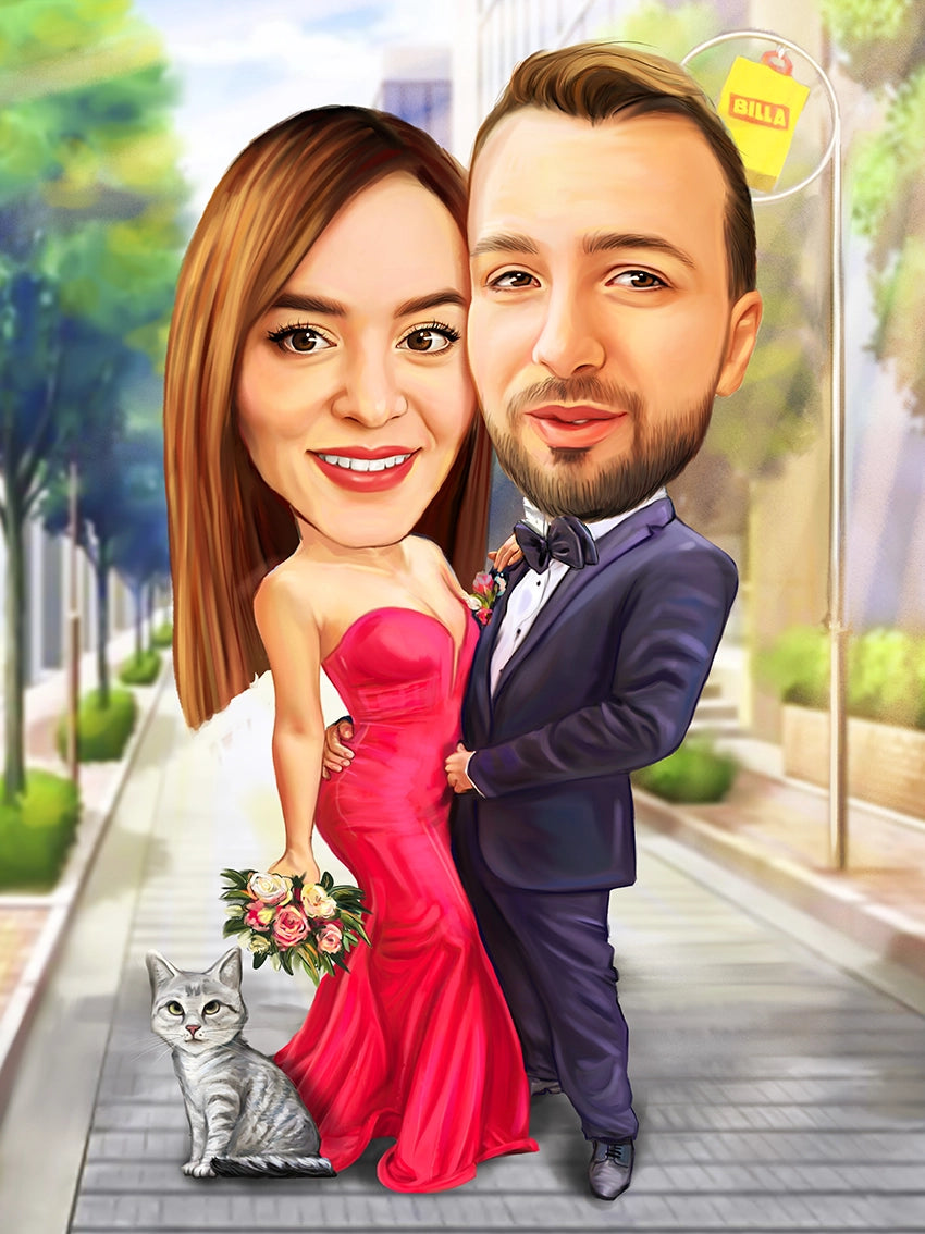 Caricatura cuplu cu pisica