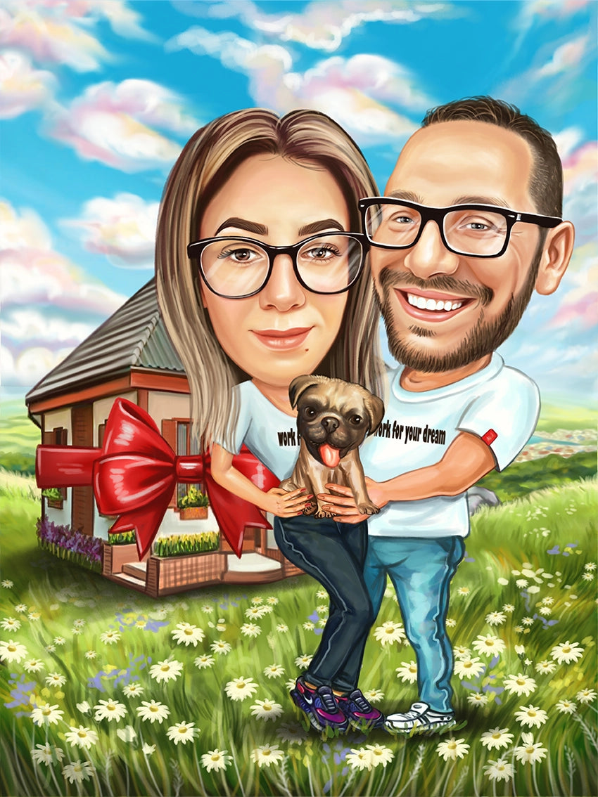 Caricatura cuplu la casa nou