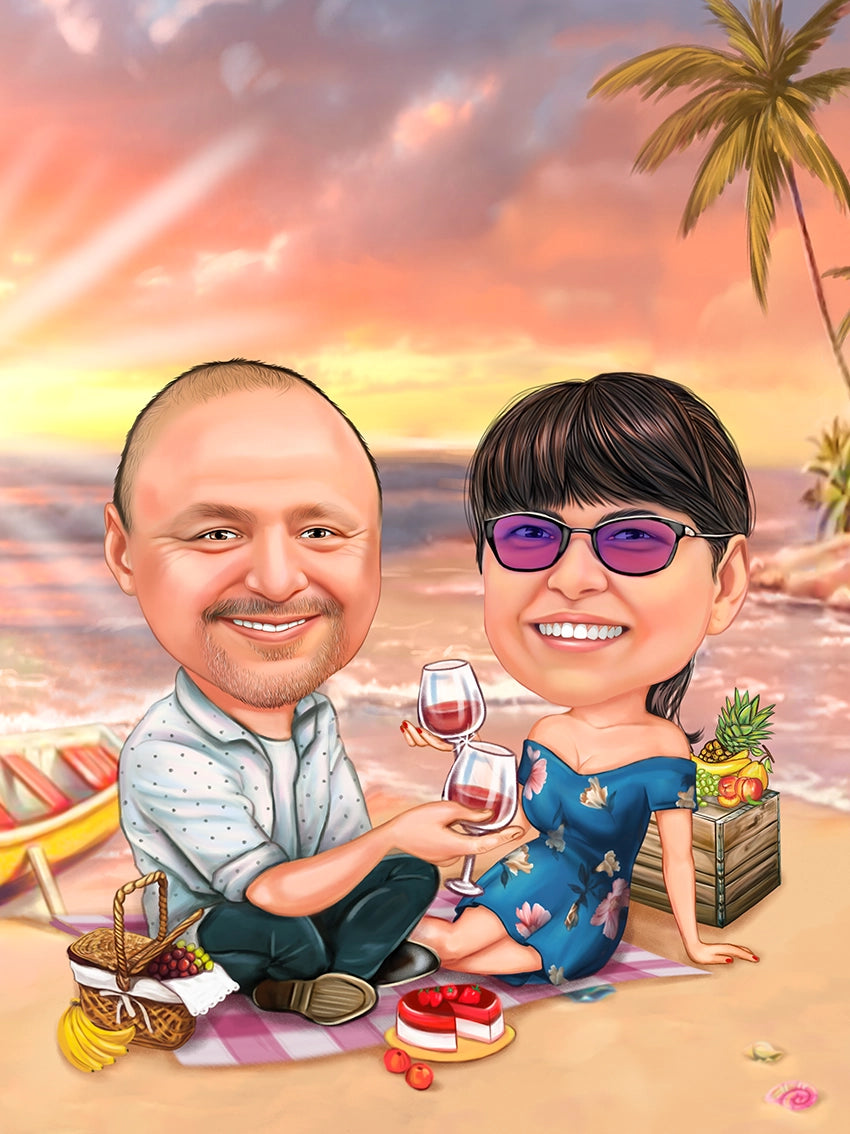 Caricatura cuplu picnic la mare
