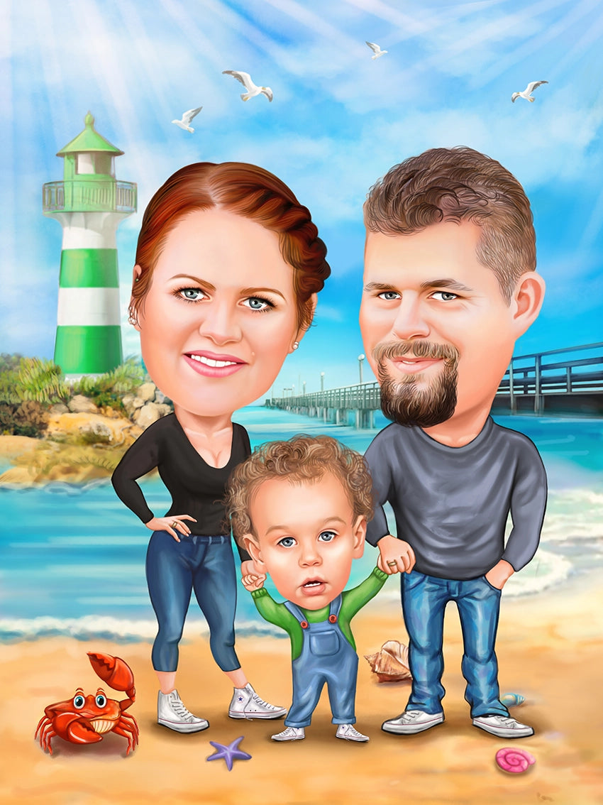 Caricatura familie far la mare