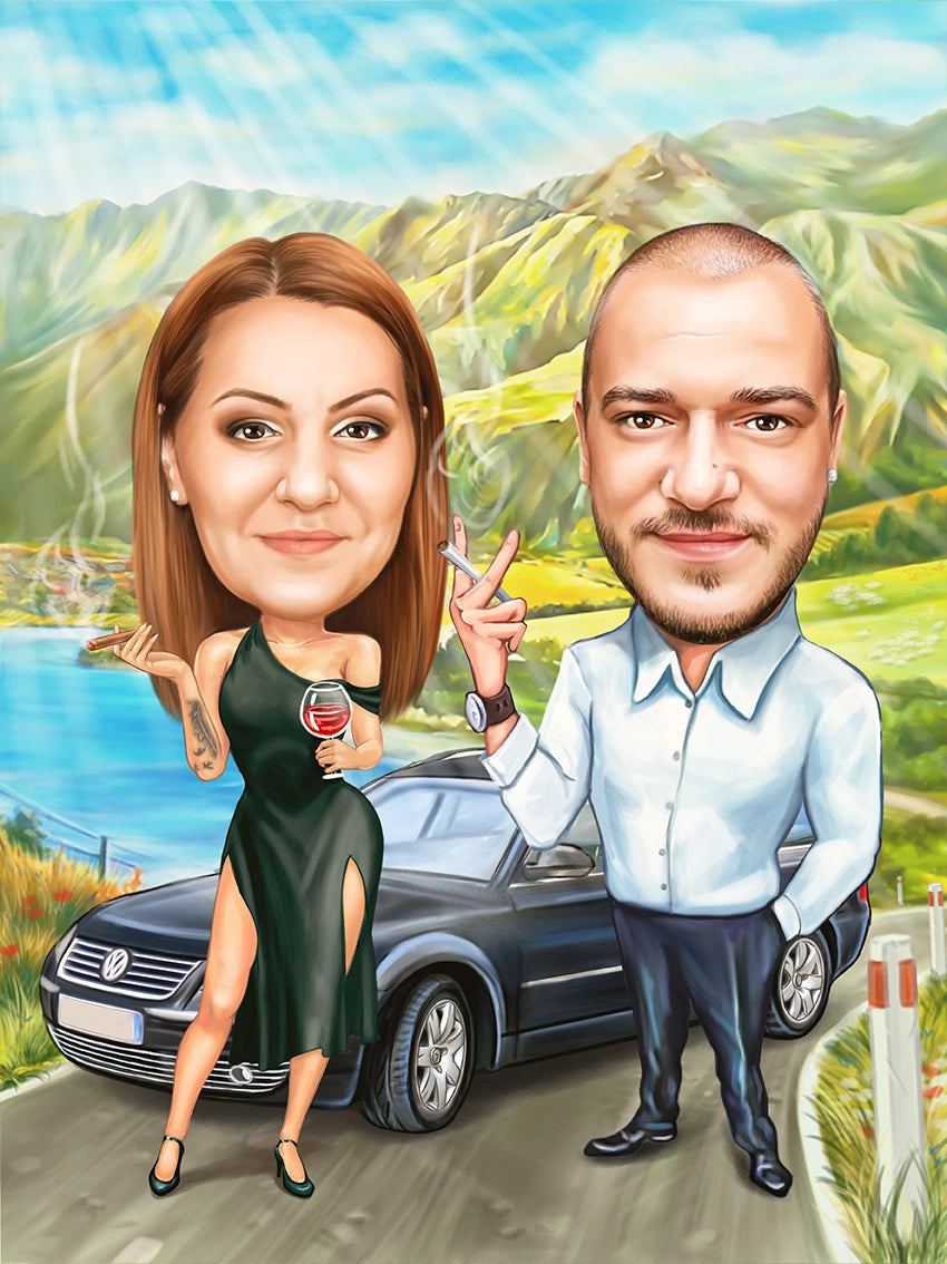 Caricatura cuplu in munti