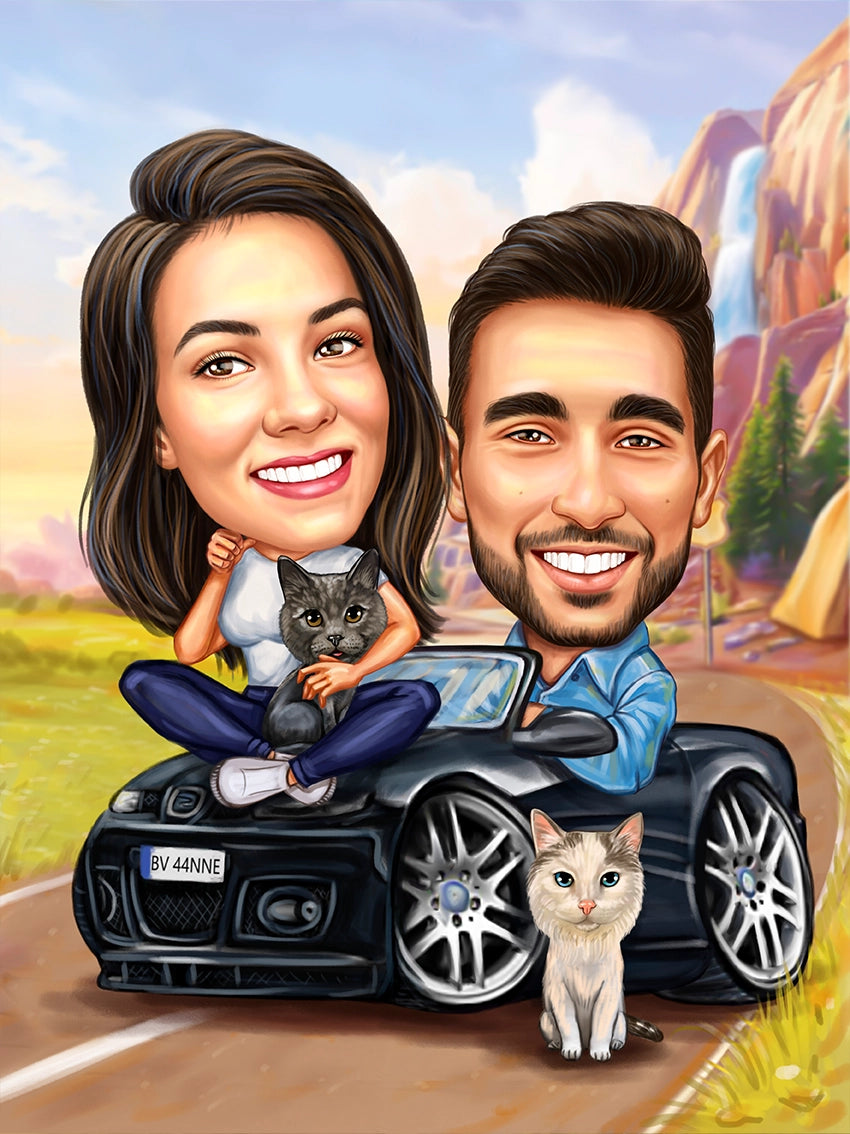 Caricatura cuplu in munti