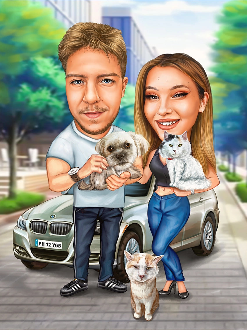 Caricatura cuplu cu animale