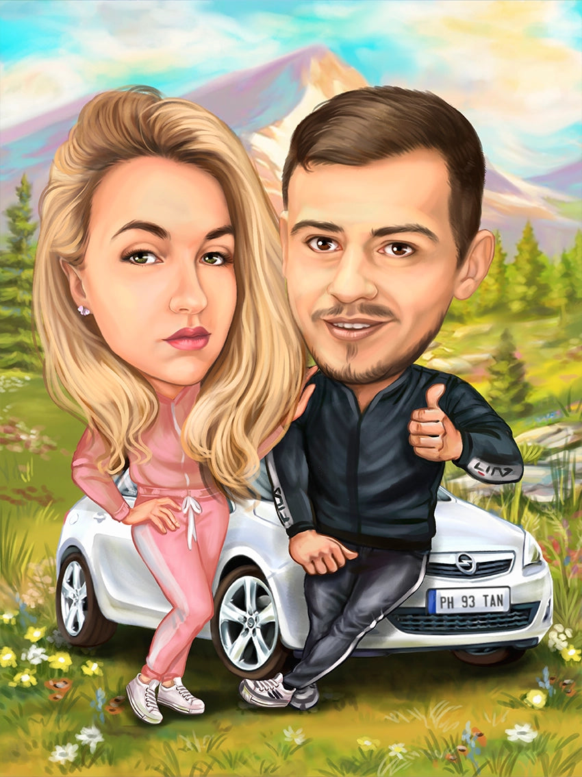 Caricatura cuplu cu opel