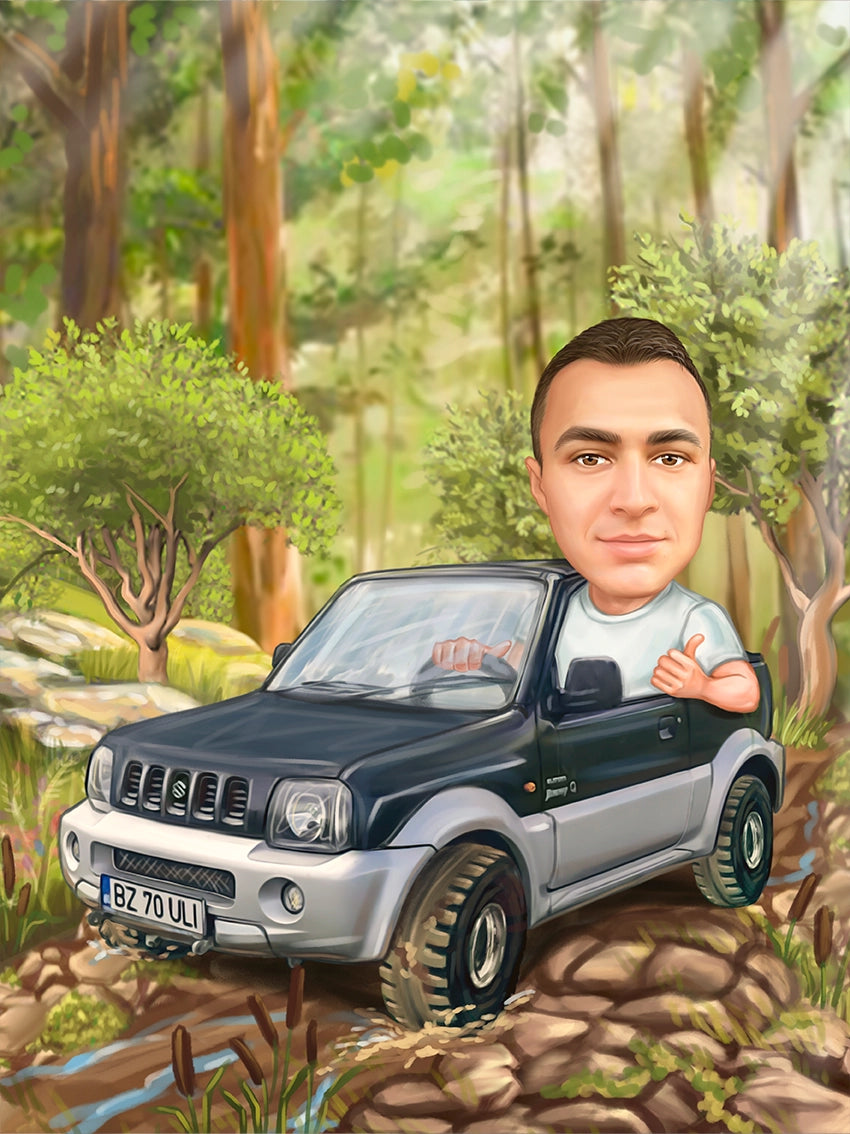 Caricatura cu Suzuki in padure