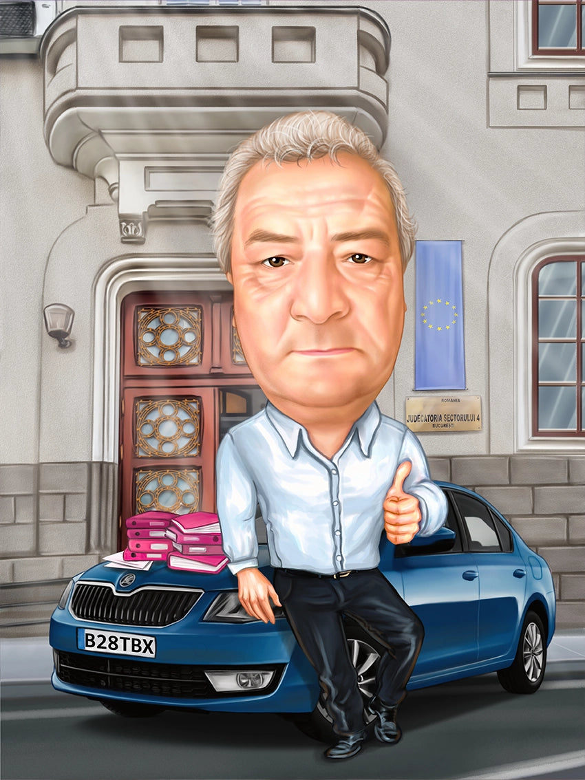 Caricatura barbat cu Skoda