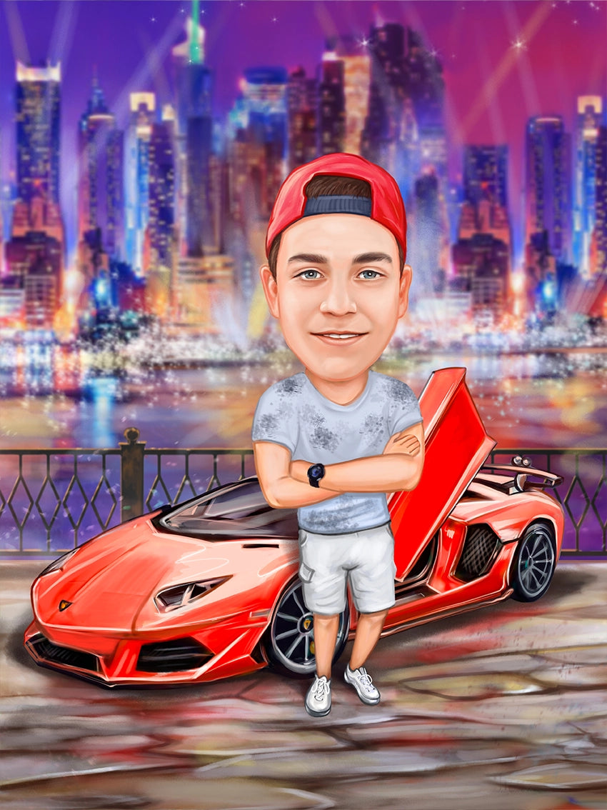 Caricatura noaptea cu Lamborghini