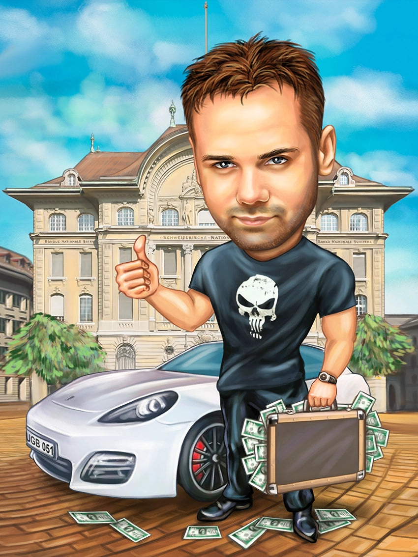 Caricatura Porsche cu bani