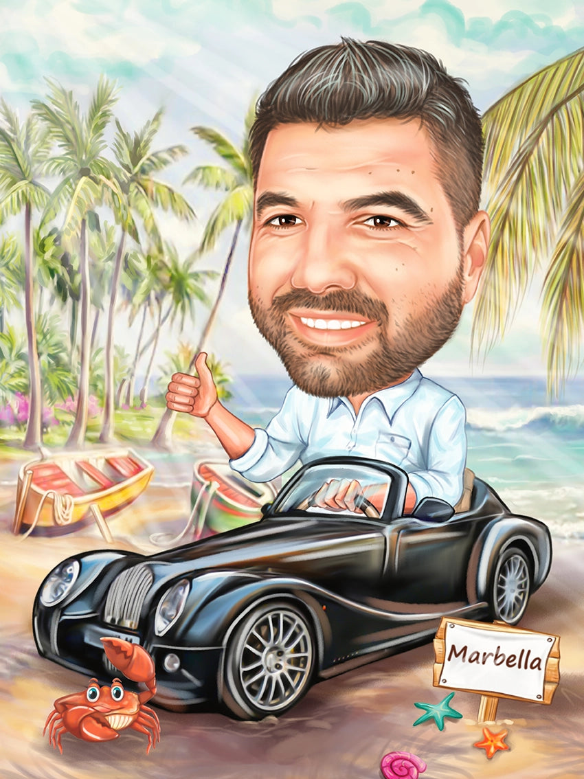 Caricatura cu masina la mare