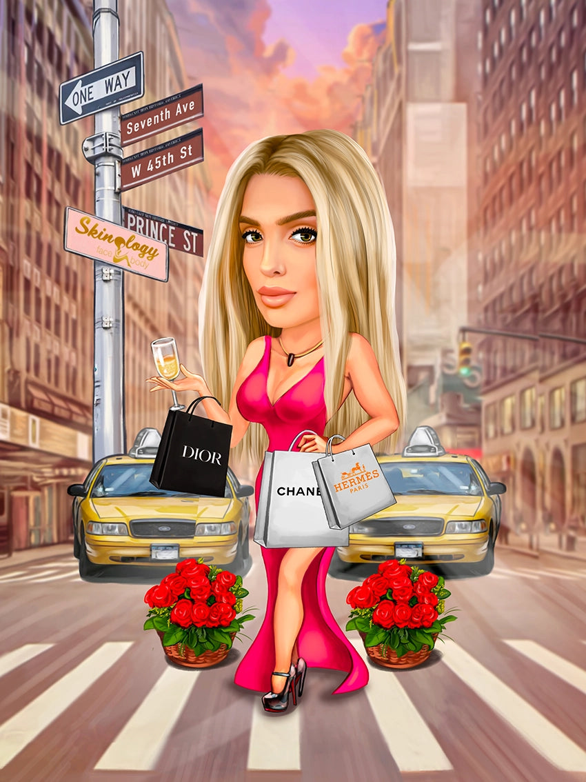 Caricatura femeie la shopping