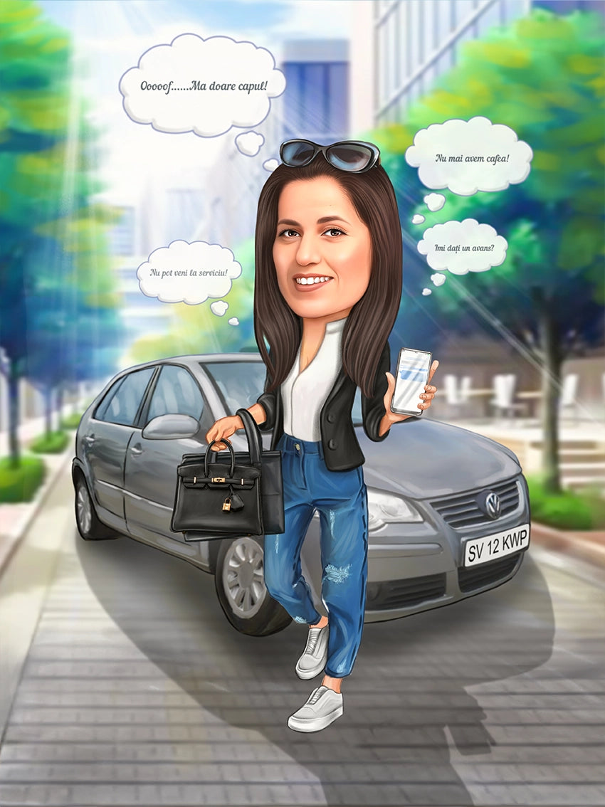 Caricatura femeie cu VW