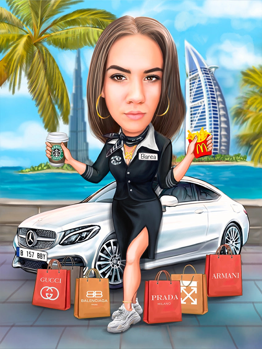 Caricatura in Dubai cu Mercedes