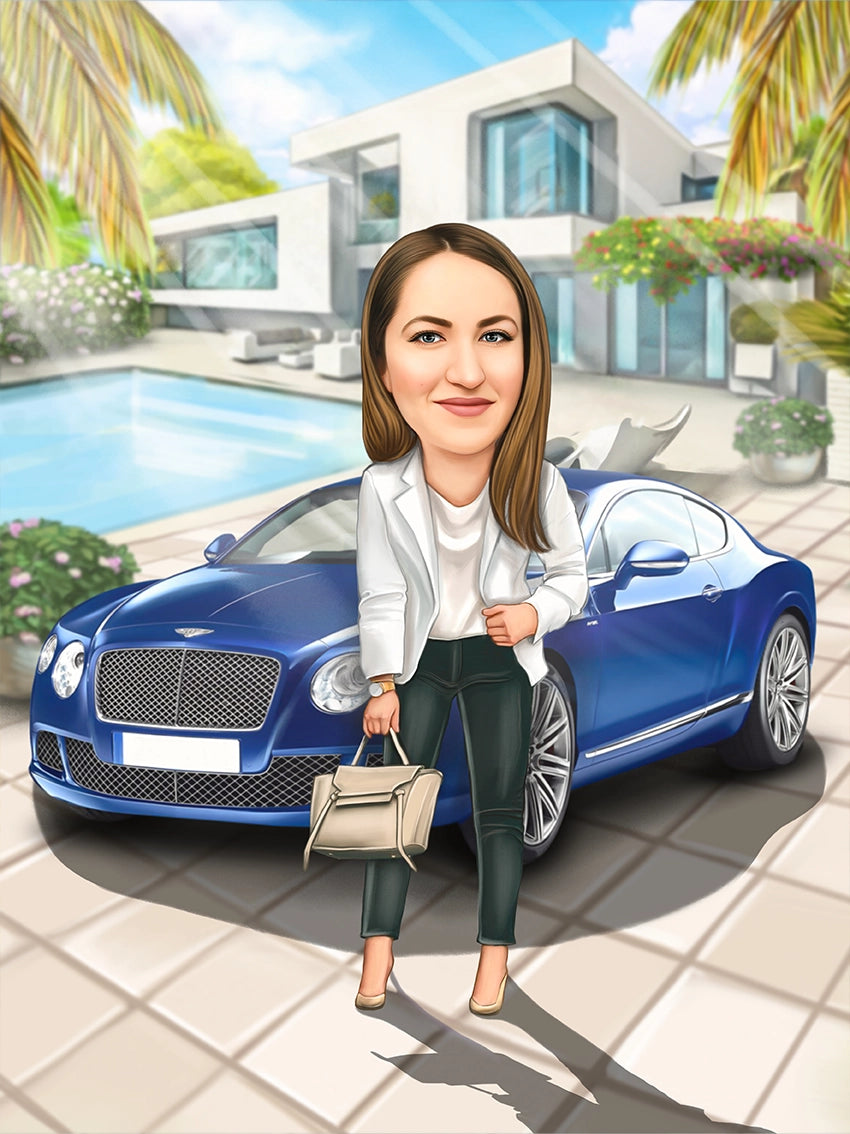 Caricatura femeie cu Bentley