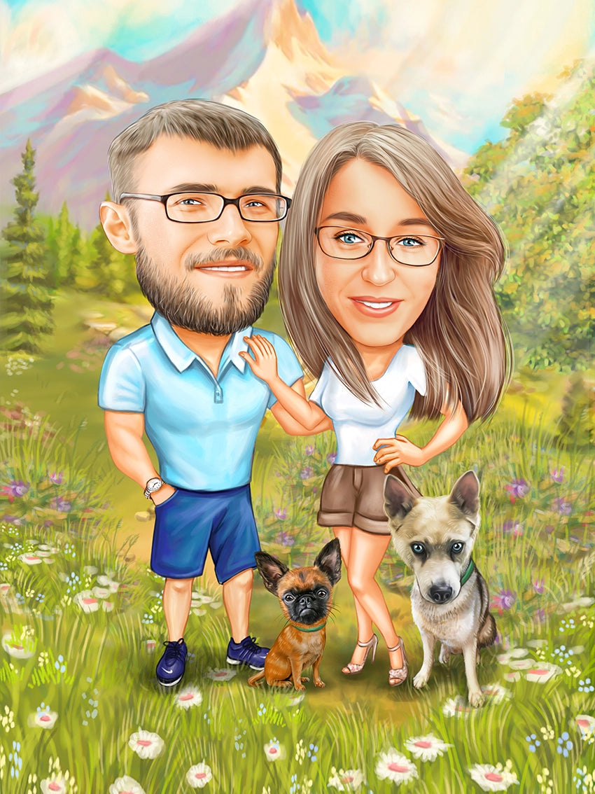 Caricatura cuplu cu caini