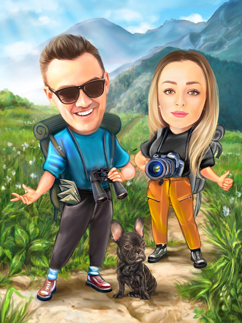 Caricatura cuplu la munte + bulldog