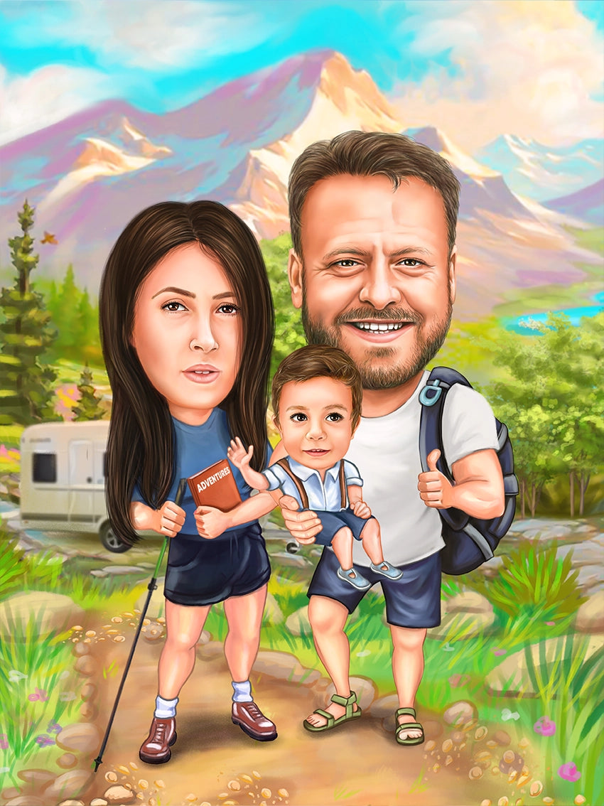 Caricatura familie la munte