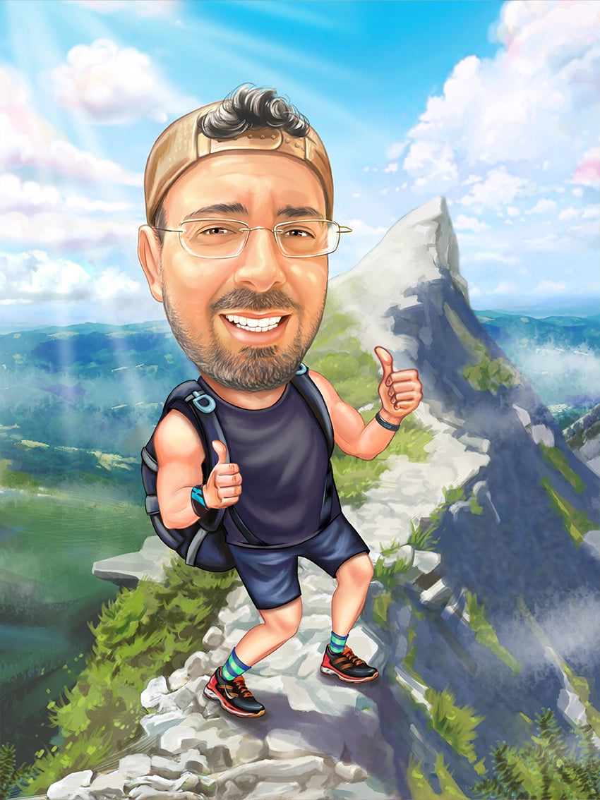 Caricatura barbat in munti