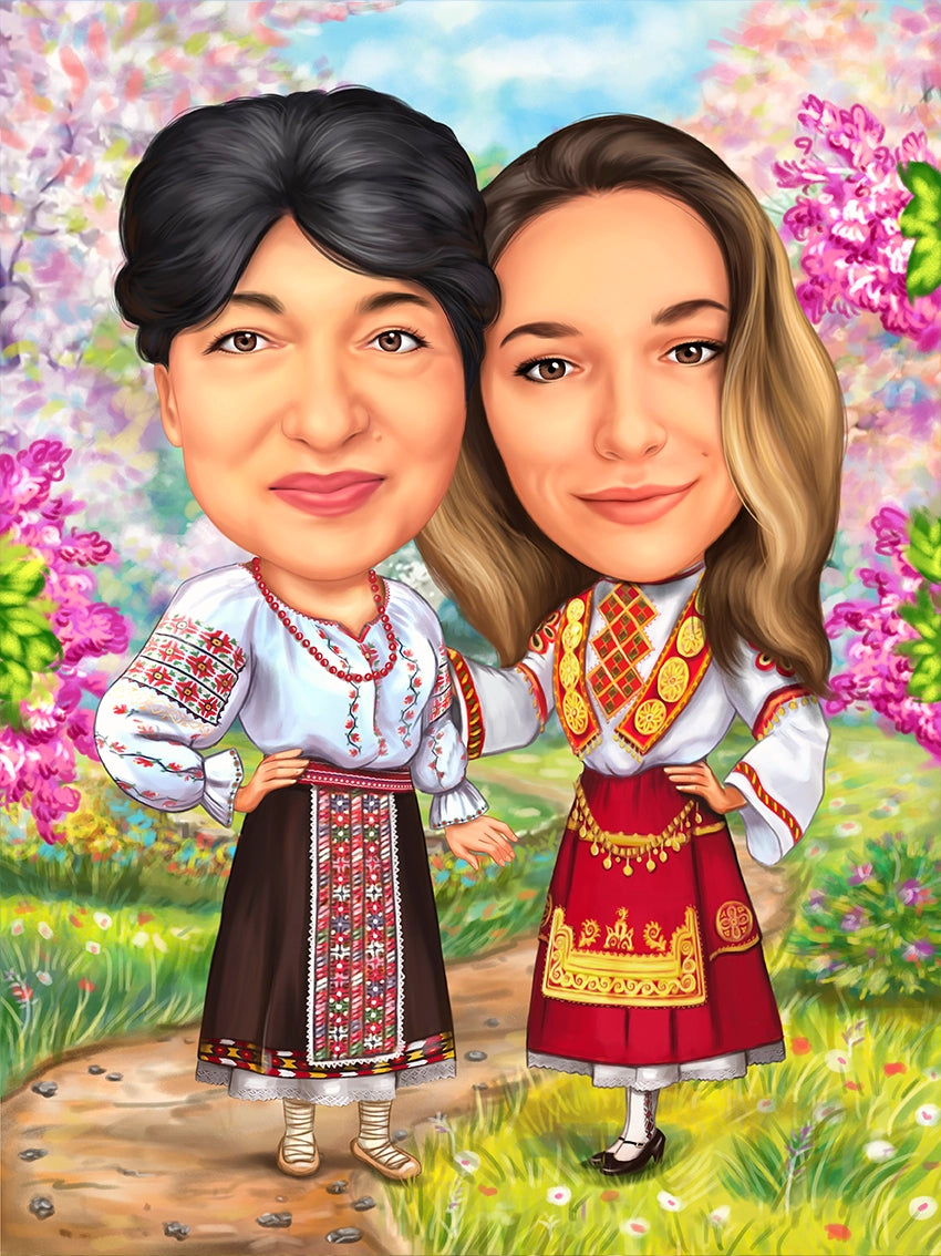 Caricatura prietene in haine nationale