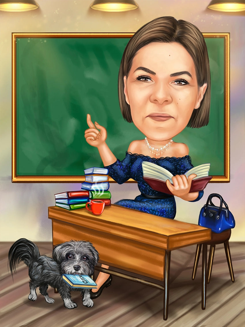 Caricatura profesoara cu ciinele