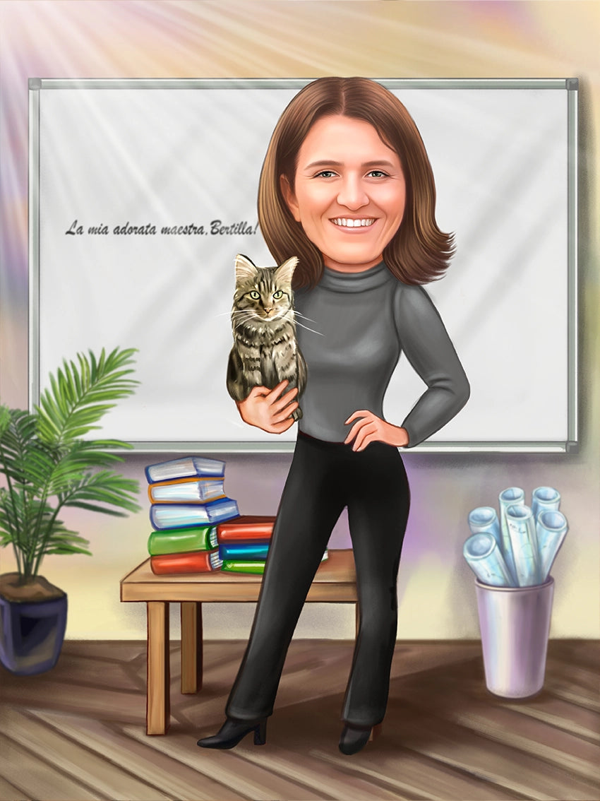 Caricatura profesoara cu pisica