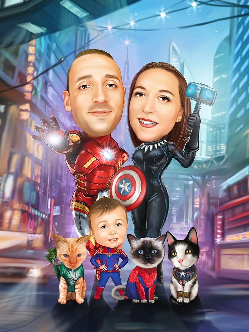 Caricatura familie supereroi
