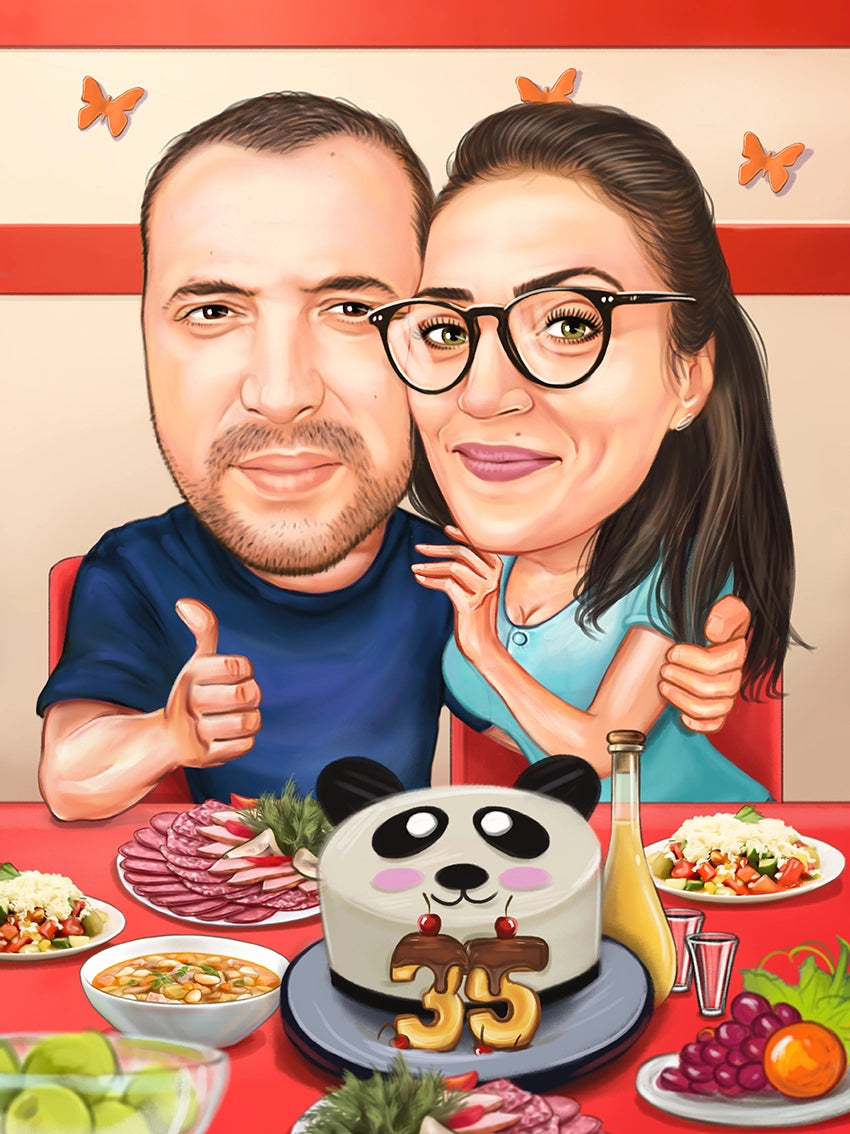 Caricatura aniversare cu tort panda