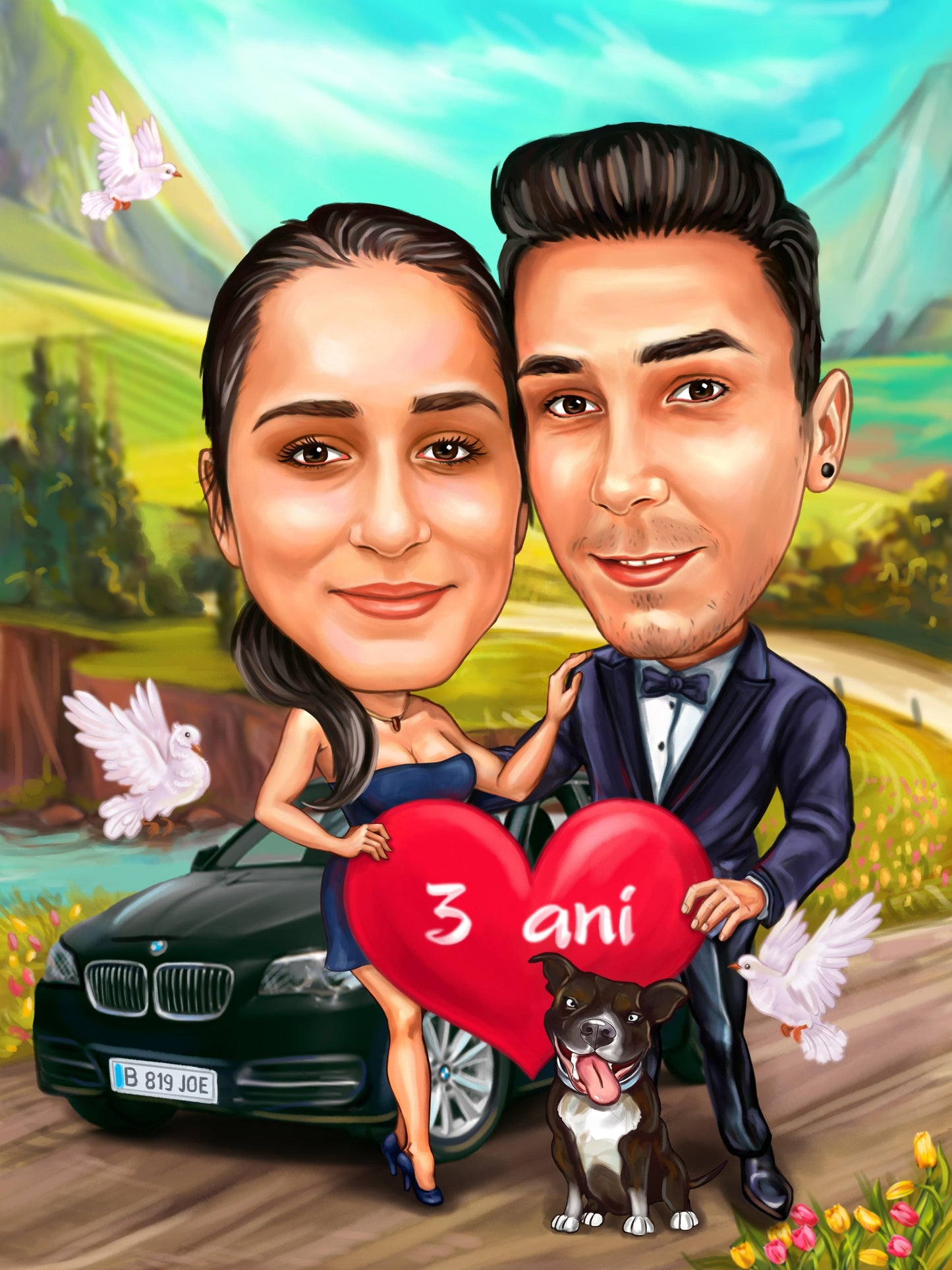 Caricatura 3 ani de relatie cu porumbei