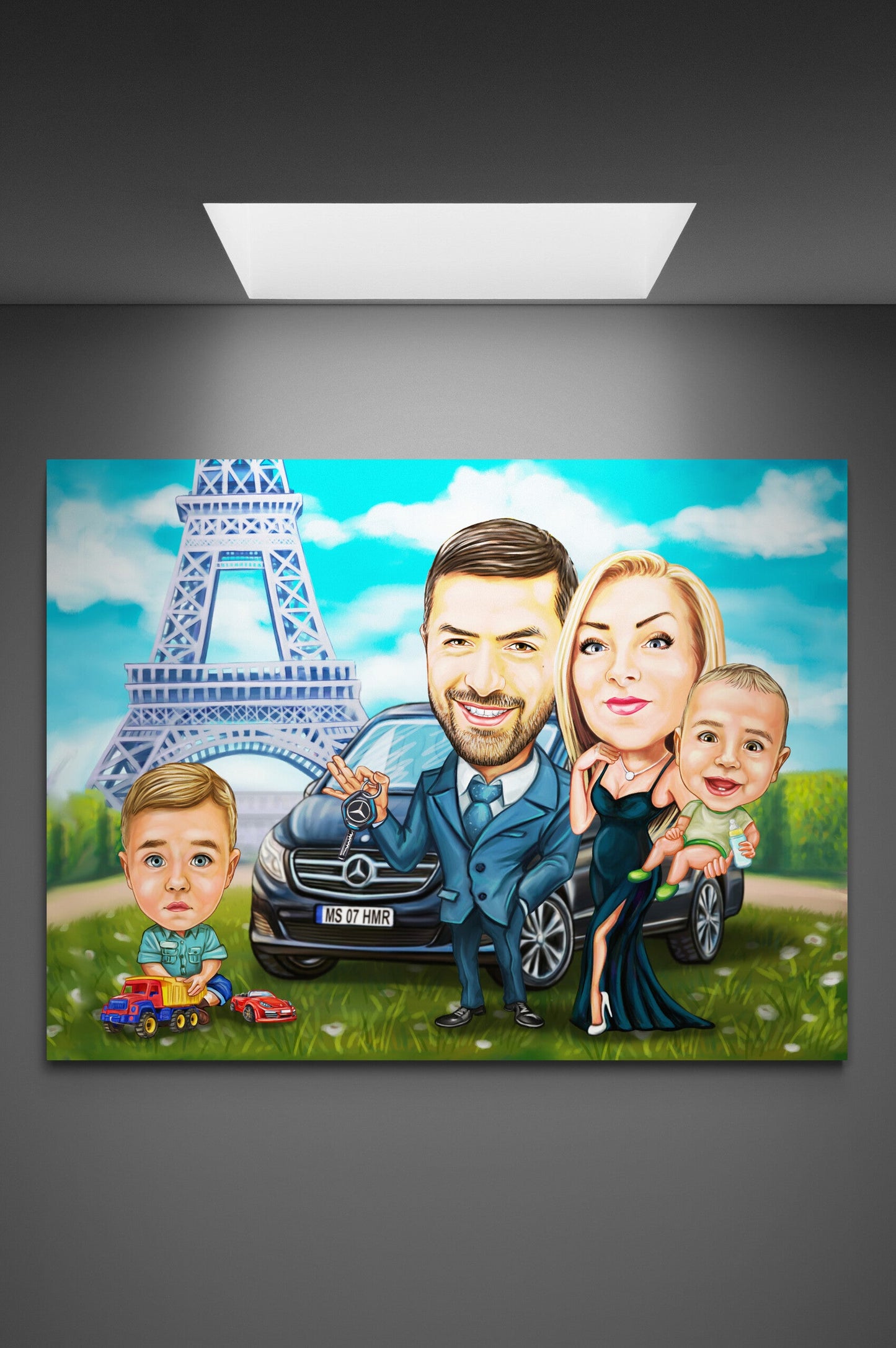 Caricatura de familie cu Mercedesul la Paris