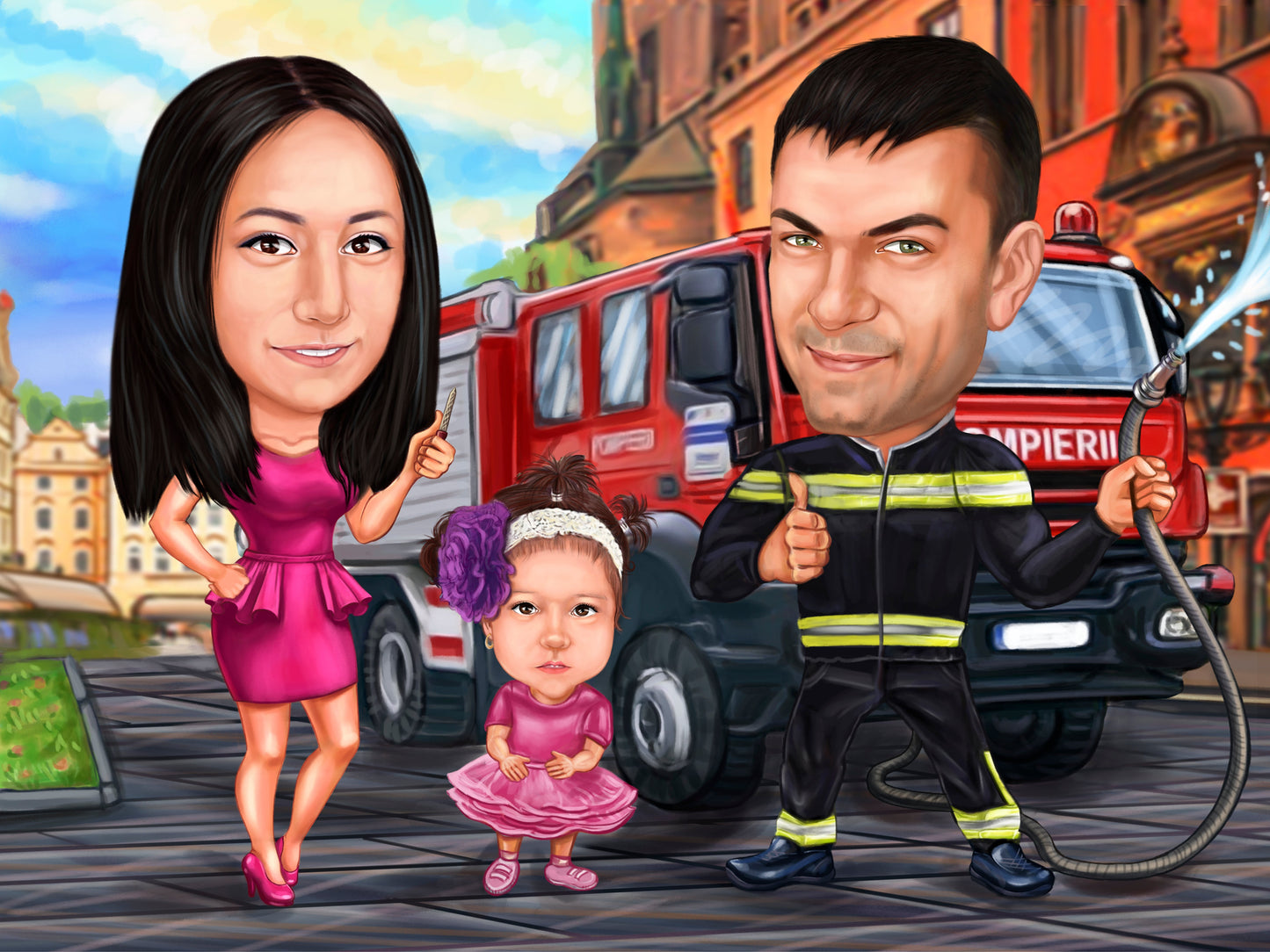 Caricatura de familie ajutor de pompier