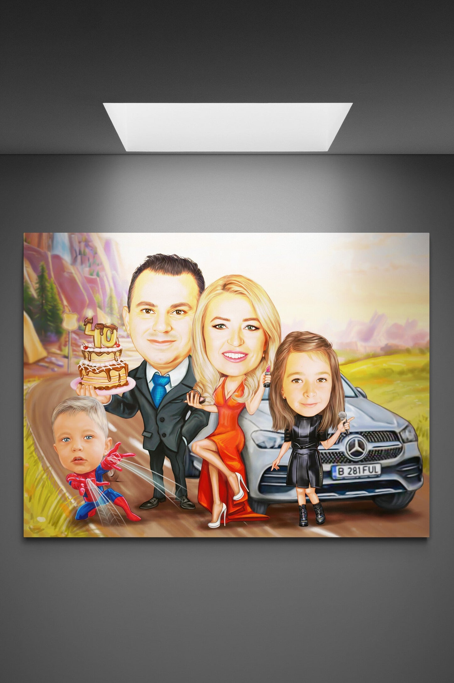 Caricatura de familie aniversare 40 de ani cu masina