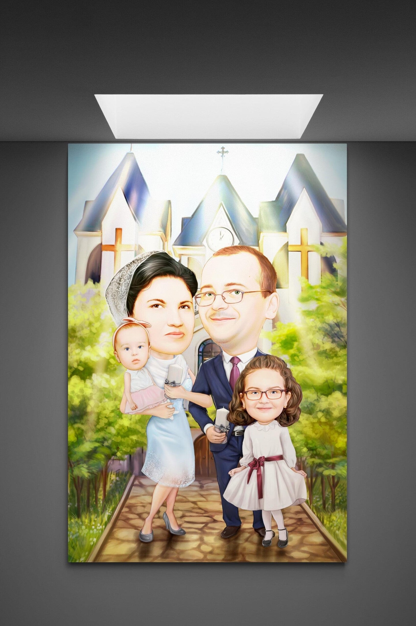 Caricatura botez in fata bisericii