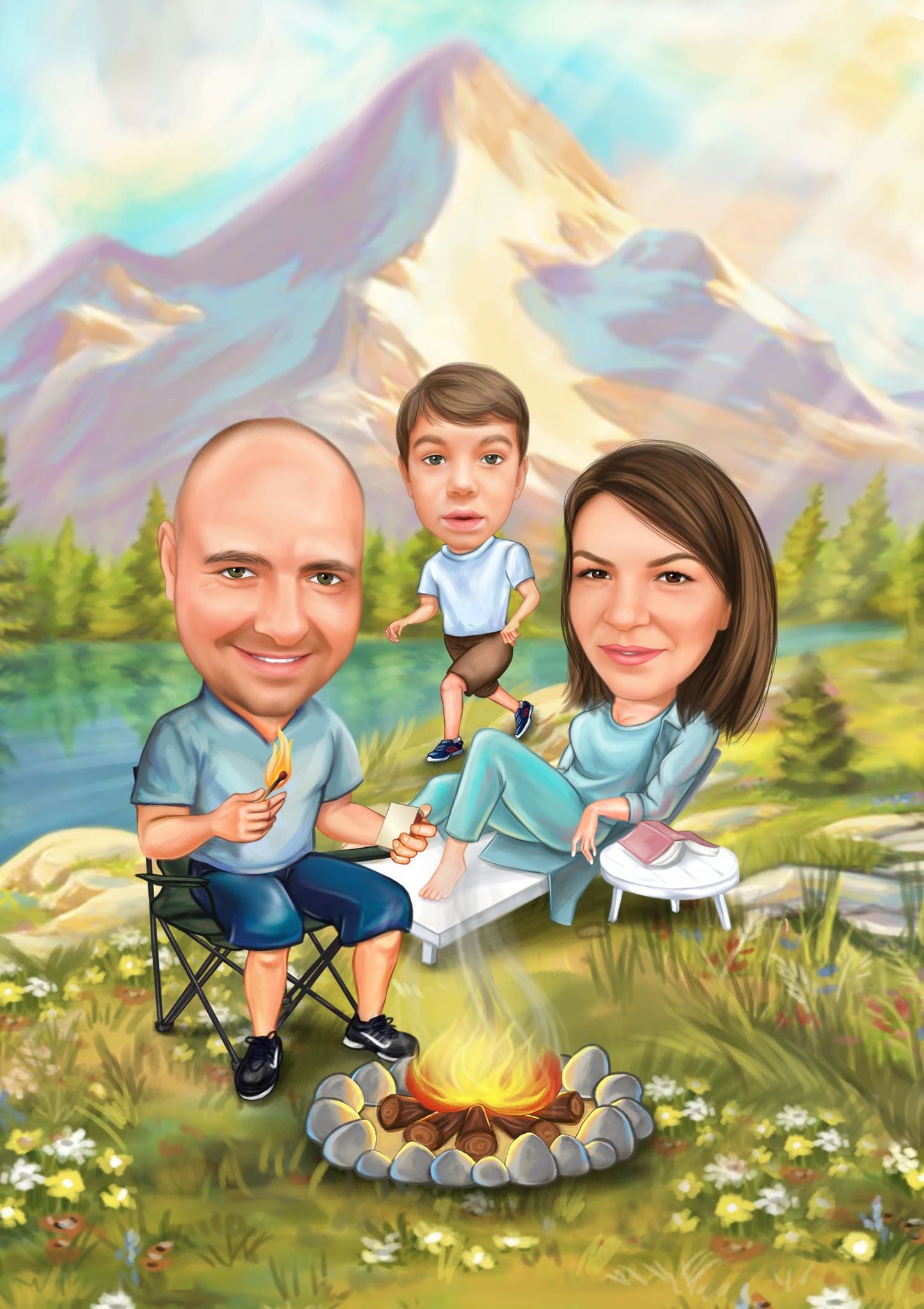 Caricatura cu familia langa foc