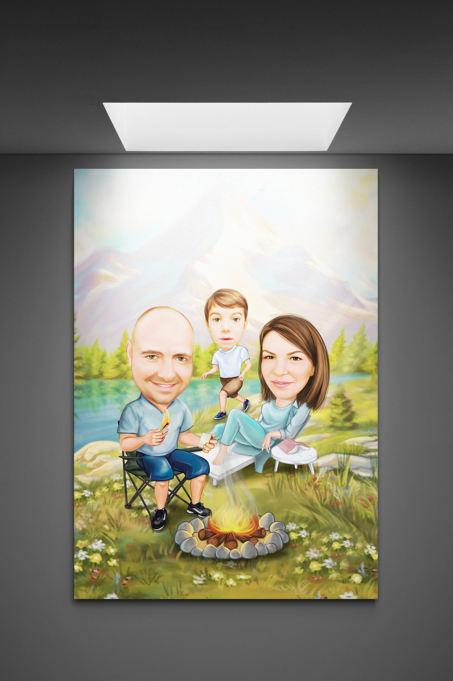 Caricatura cu familia langa foc