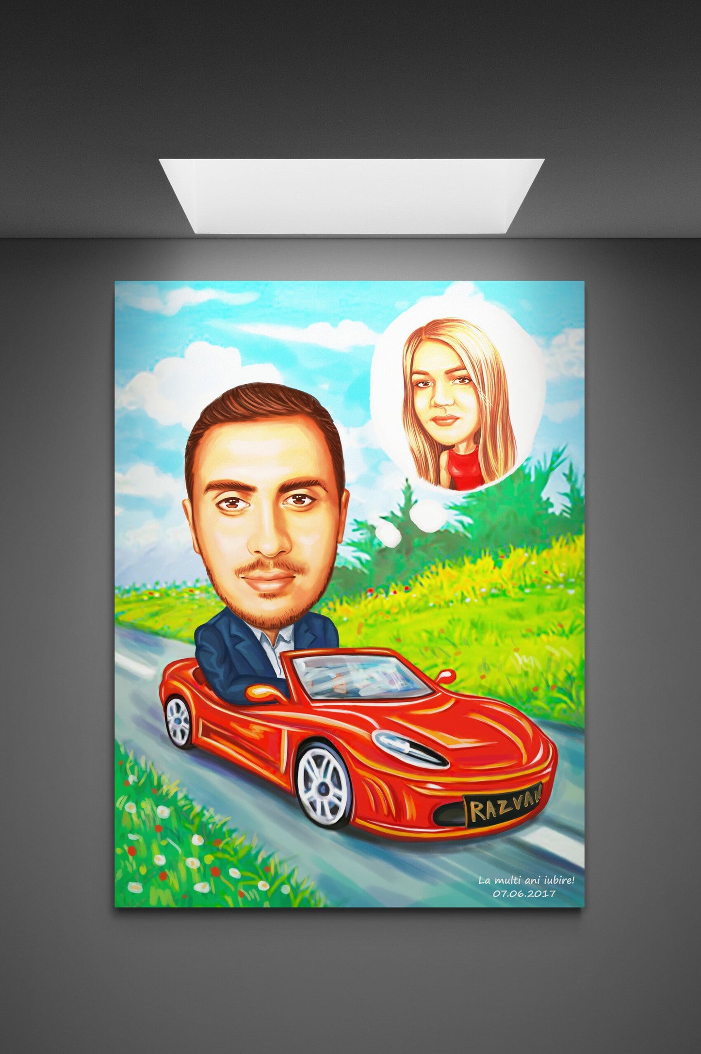 Caricatura in masina cu gandul la ea