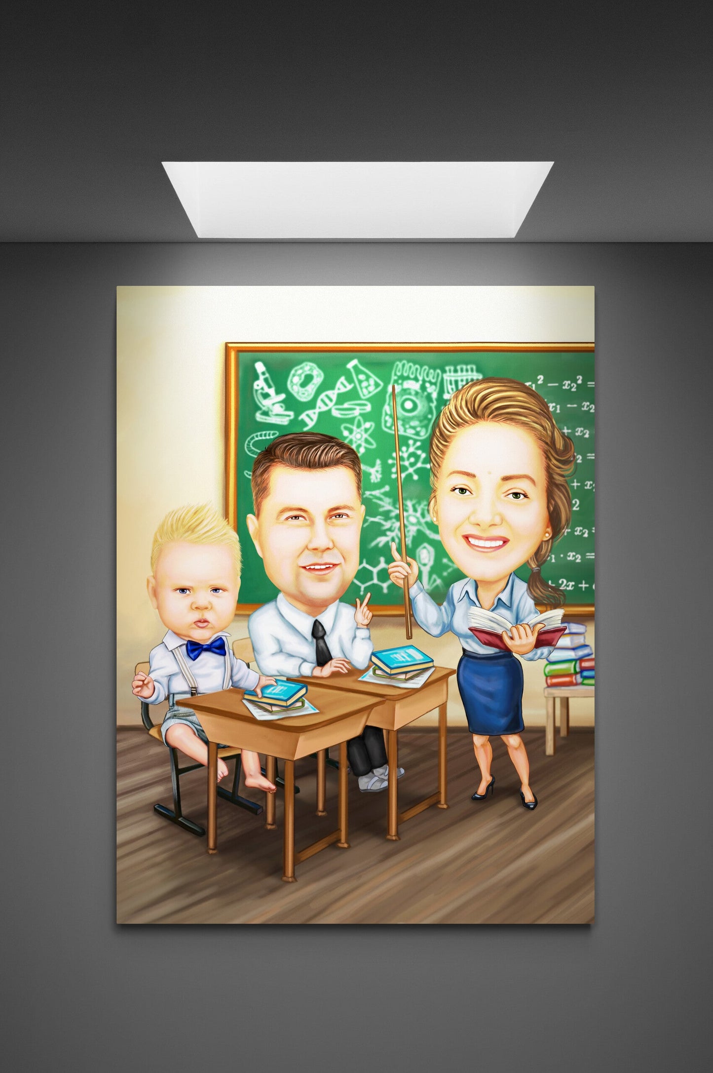 Caricatura familia in banca