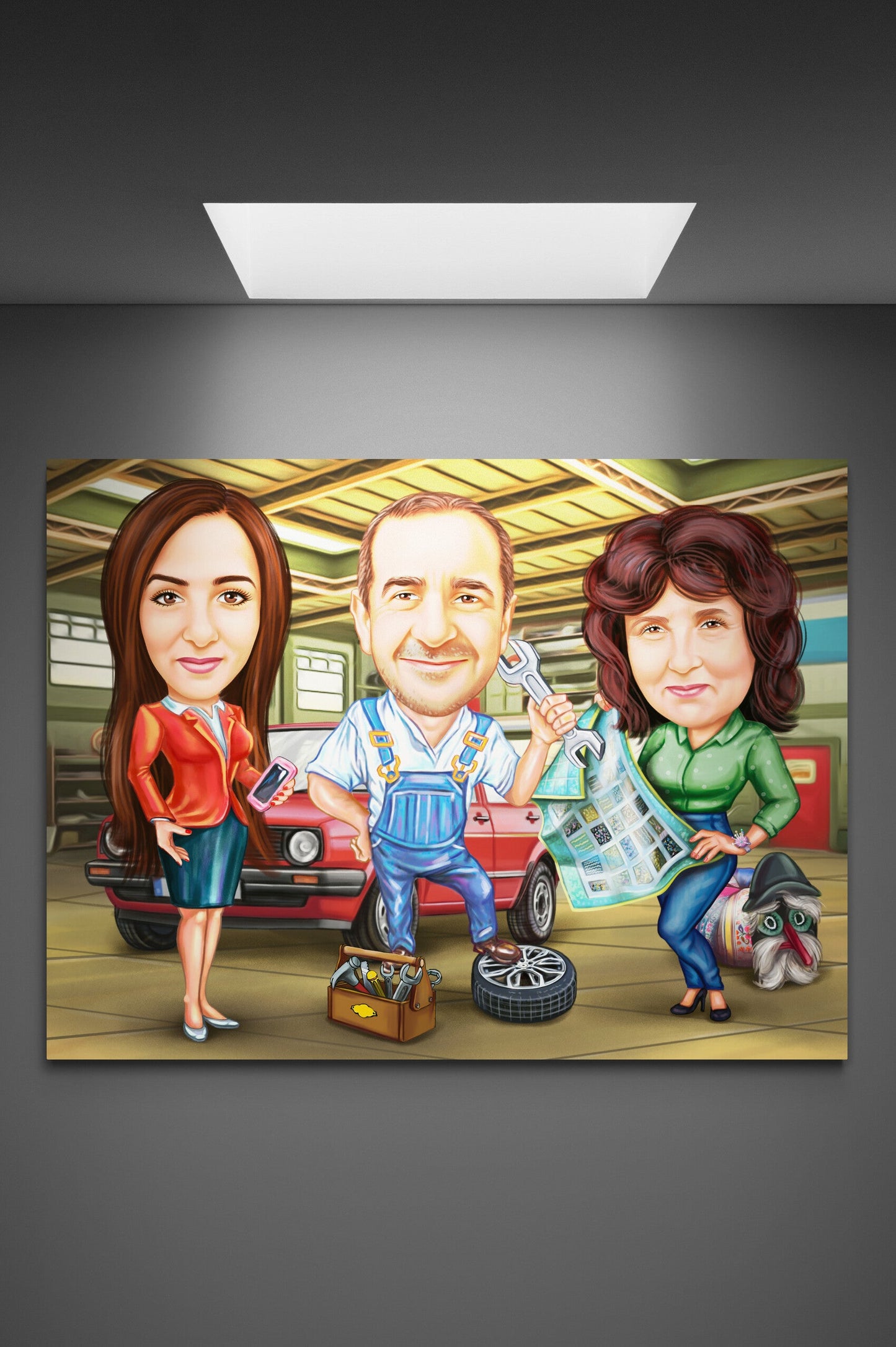 Caricatura familie in service auto