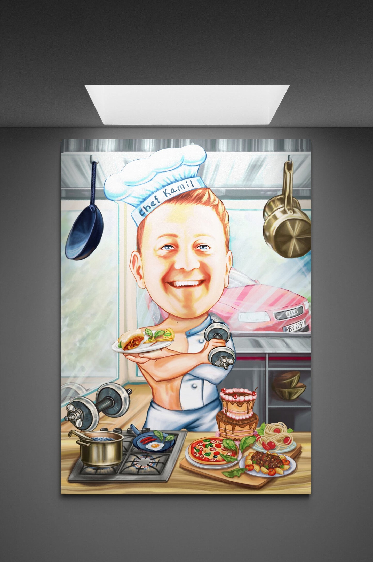 Caricatura funny bucatar cu gantere