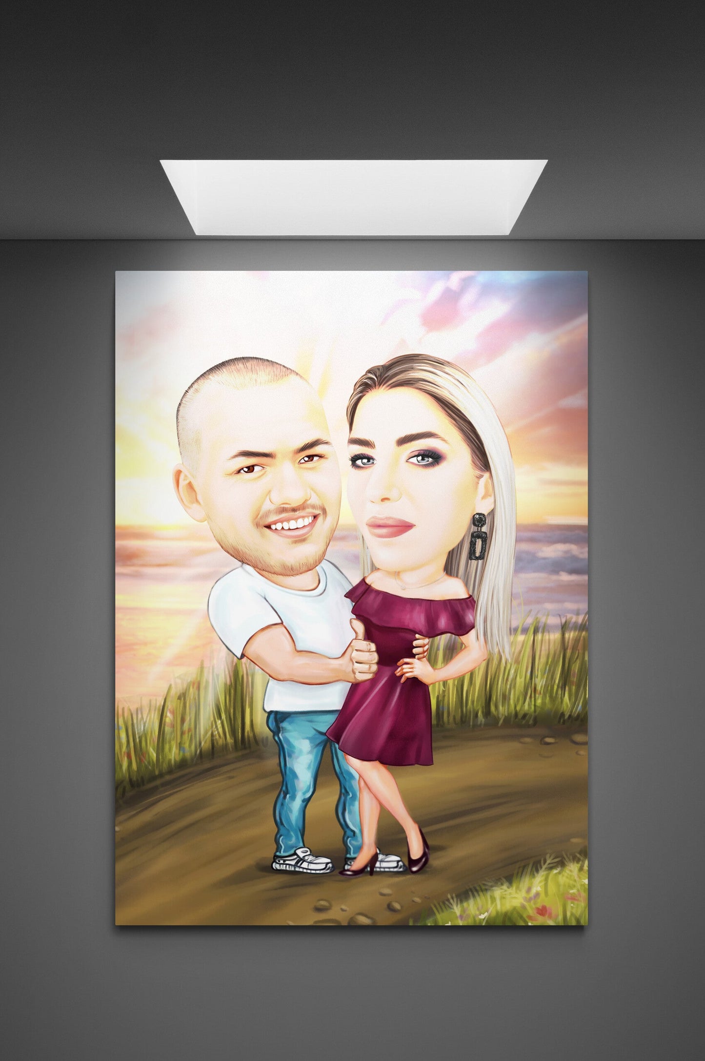 Caricatura de cuplu indragostiti in iarba