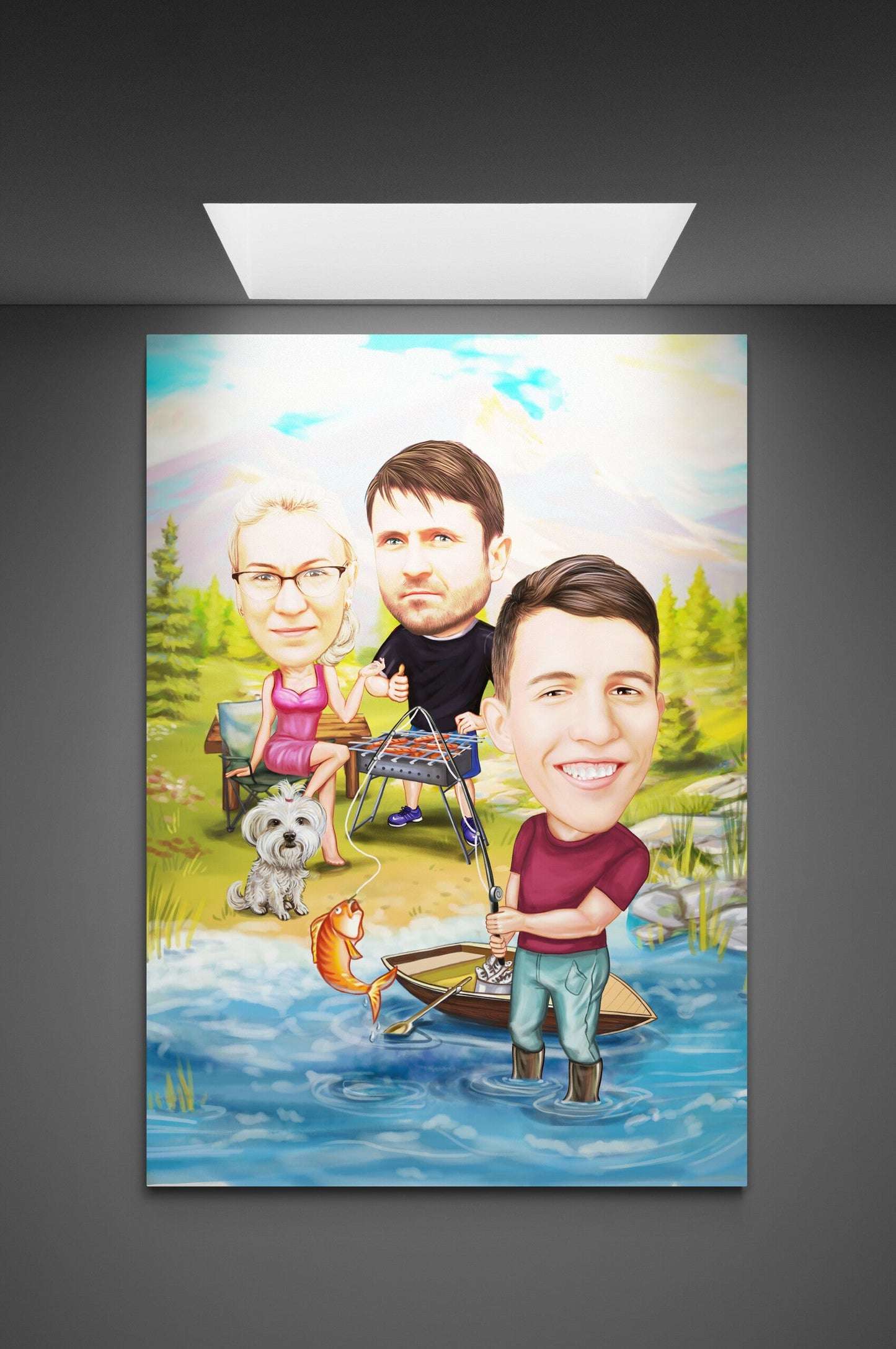 Caricatura de familie gratar la pescuit