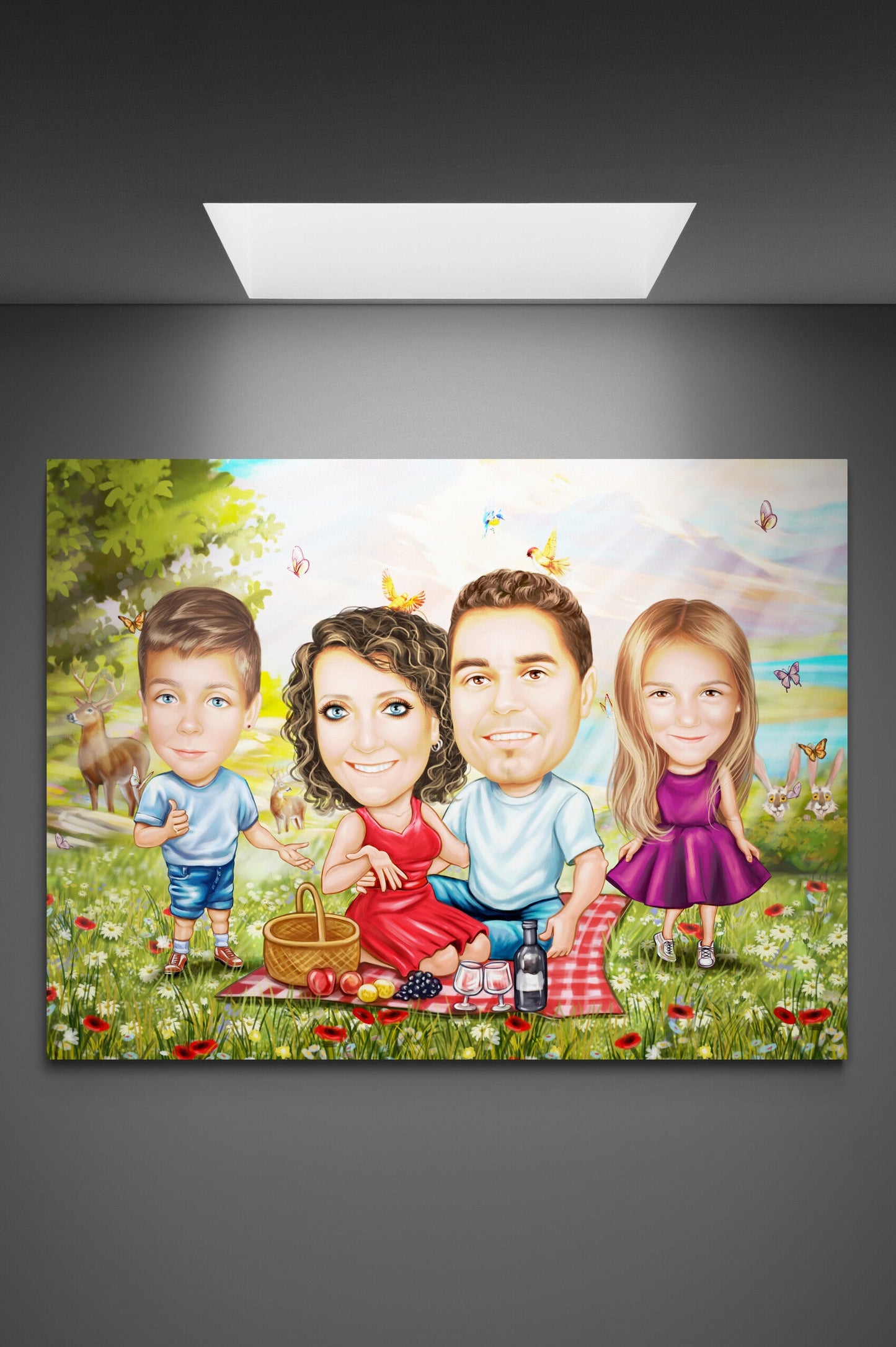 Caricatura de familie la picnic cu pasarele