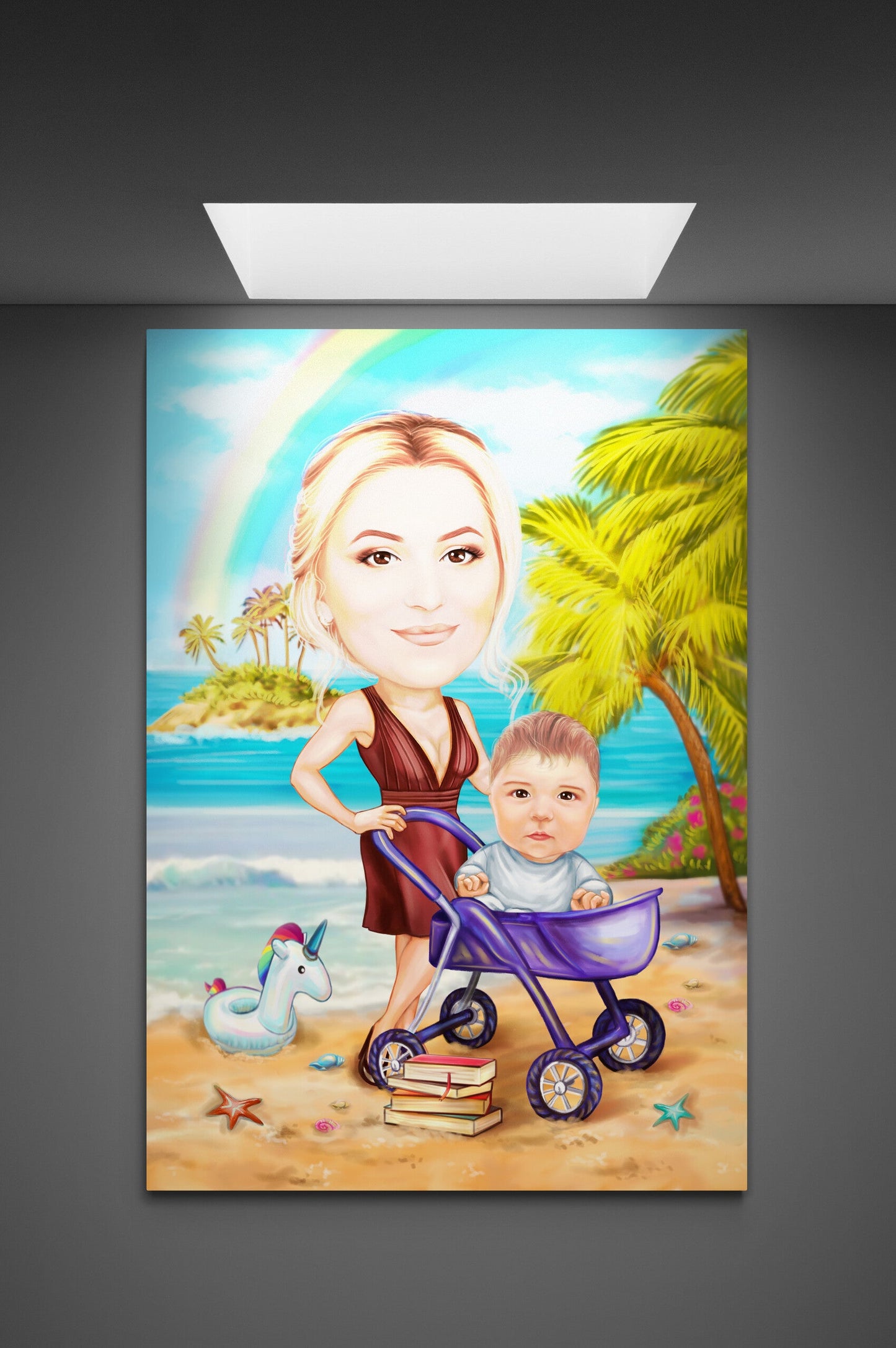 Caricatura mama, bebe si un curcubeu
