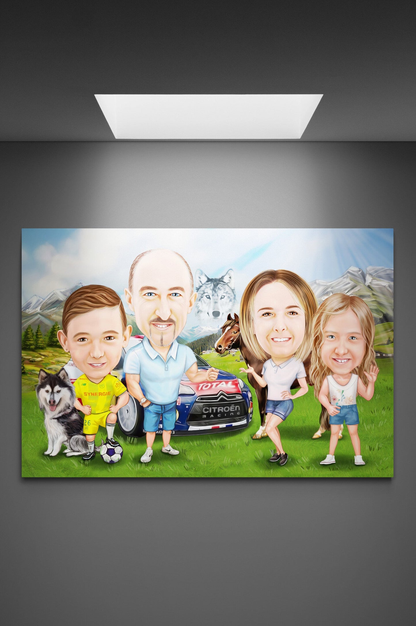 Caricatura familie si masina cu animale