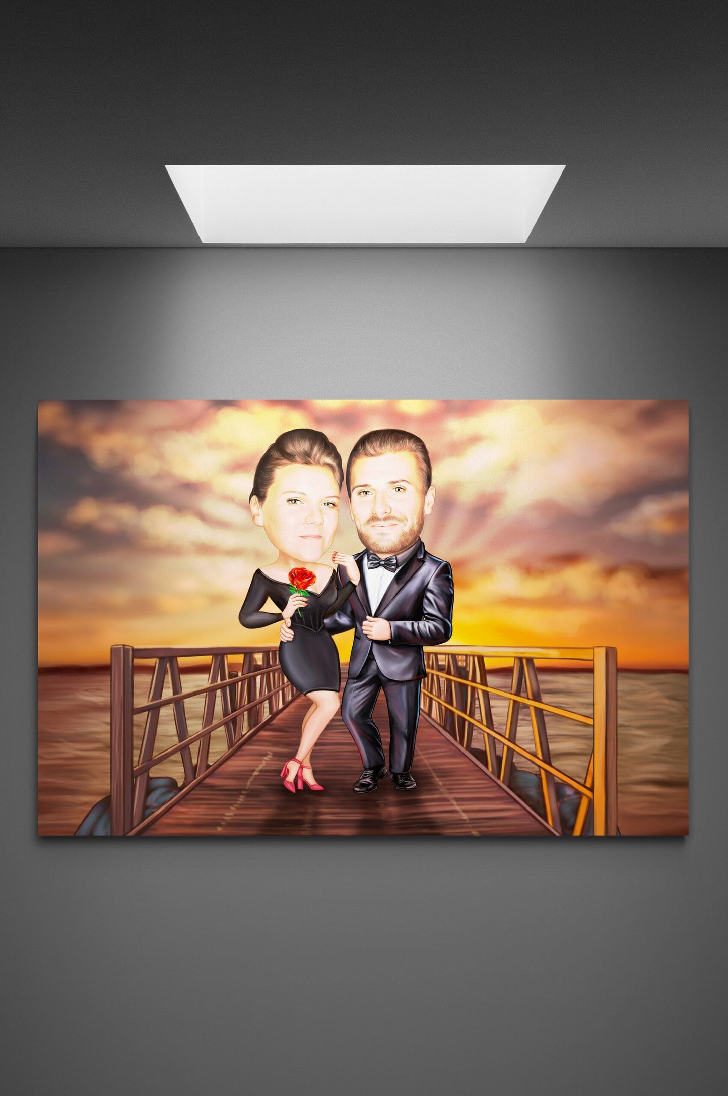 Caricatura de cuplu pe ponton la apus