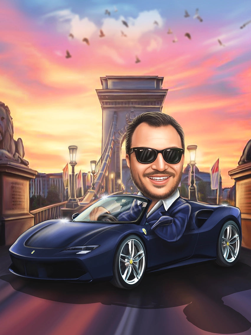 Caricatura barbat in Ferrari